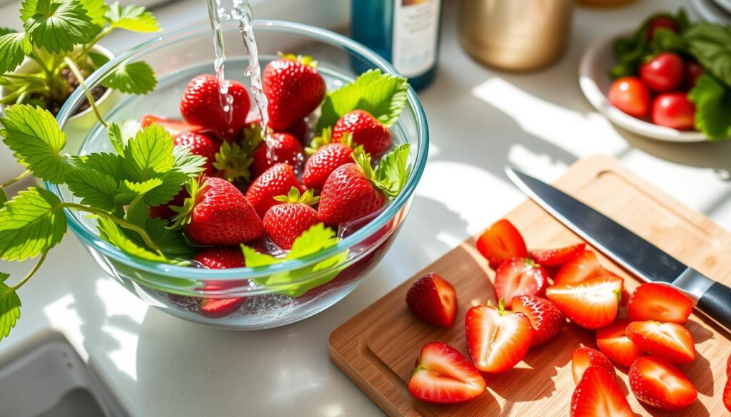 washing and cutting strawberries for bearded dragons